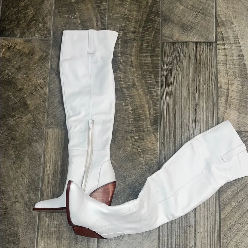Anthropologie Silent D leather White Over the Knee 3.75”Boots w/ Western flair
